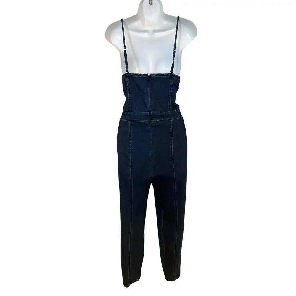 Haute Monde Demin Blue Jean Stretchy Jumpsuit w/Rhinestone Bustline. L - Picture 2 of 10